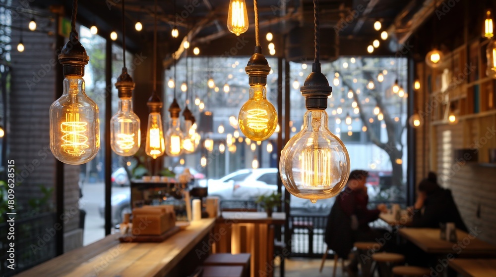 Obraz premium Warmly lit cafe interior with hanging vintage bulbs during evening hours.