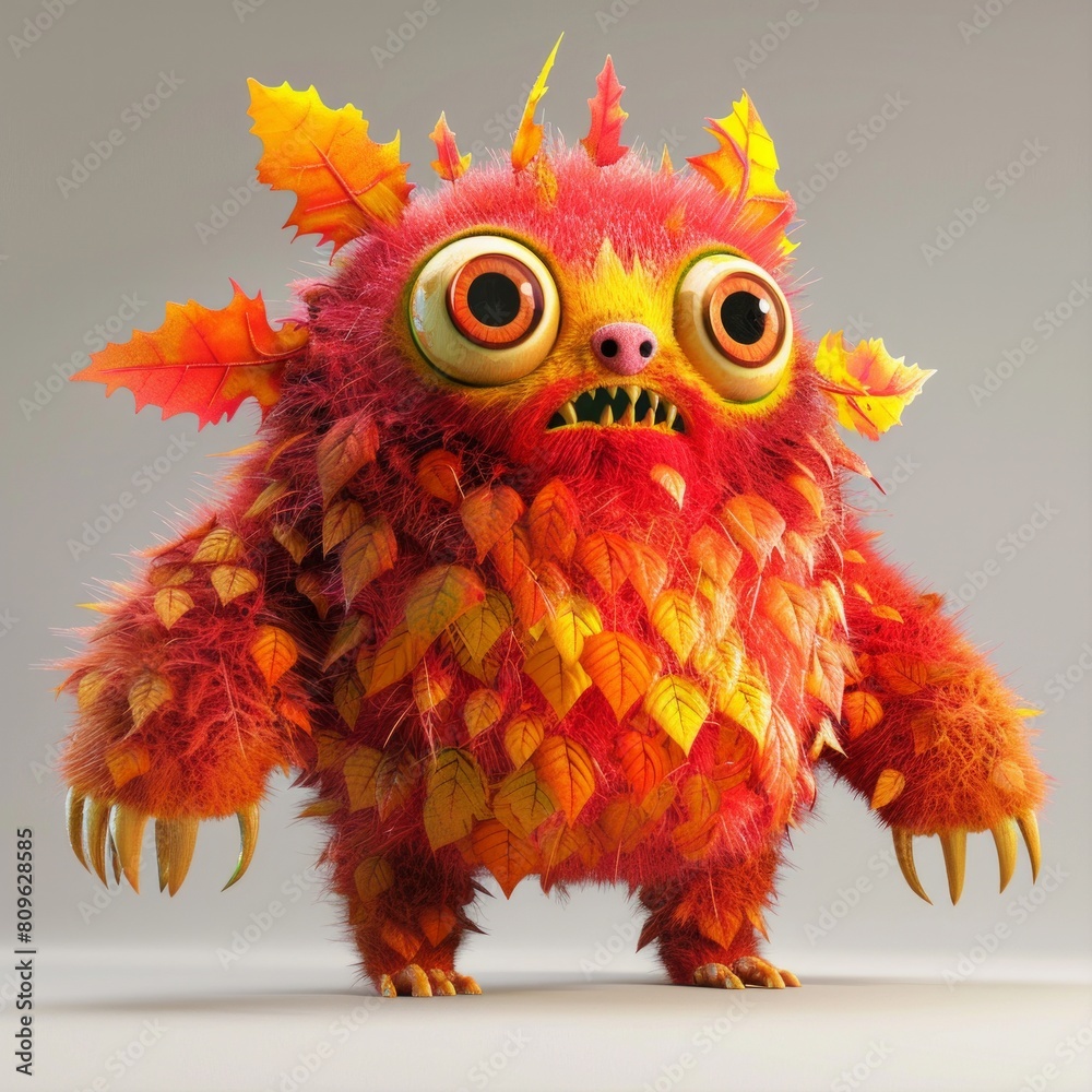 3D Autumn Leaf Monster A furry monster colored with the warm hues of fall leave, AI Generative 3D Autumn Leaf Monster A furry monster colored with the warm hues of fall leave, AI Generative