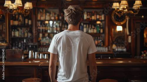 Man facing a bar counter in a pub