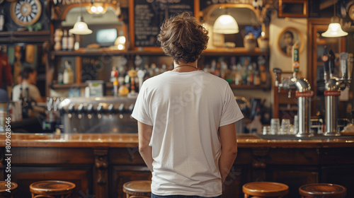 Man facing a bar counter in a pub photo