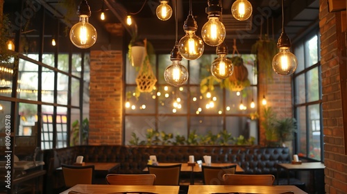 Cozy cafe interior with warm hanging light bulbs and brick wall background.