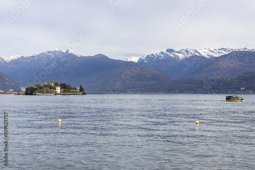 View of Isola Bella in Maggiore lake from the village of Stresa in the Verbano-Cusio-Ossola province, Piedmont, Italy