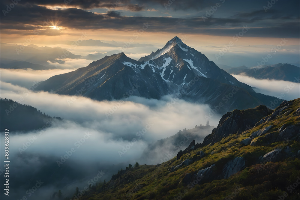 Fototapeta premium A landscape of a top of mountain with clouds