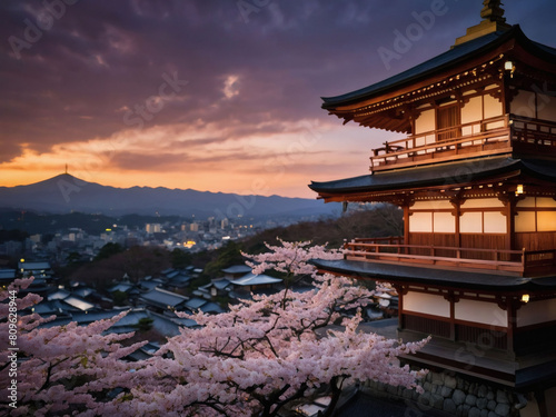 Kyoto Twilight  Kiyomizu-dera Temple Aglow with Cherry Blossoms in Spring.