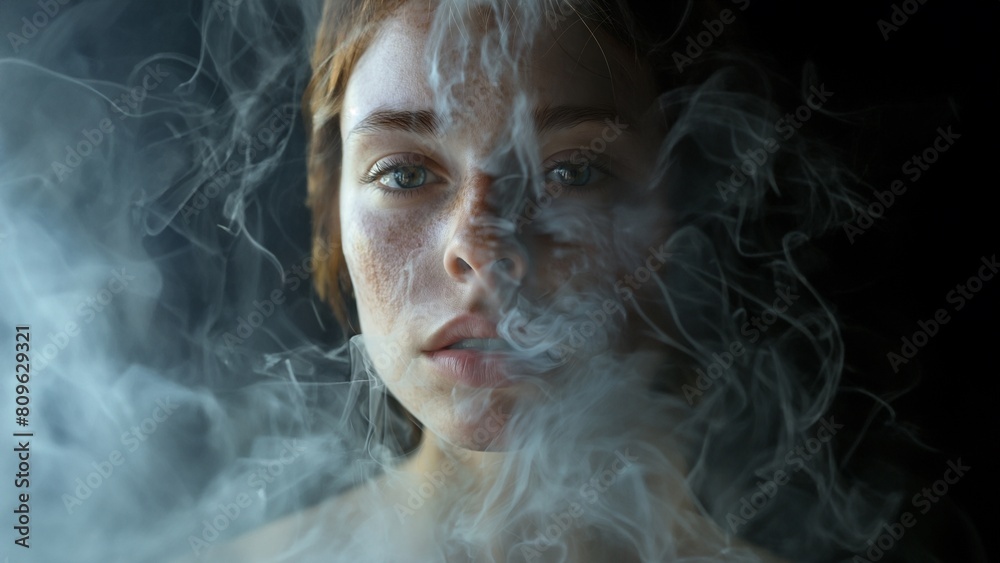 Gesicht einer Frau im Nebel vom Zigarettenrauch und Drogen ist süchtig in Nahaufnahme Gesicht einer Frau im Nebel vom Zigarettenrauch und Drogen ist süchtig in Nahaufnahme