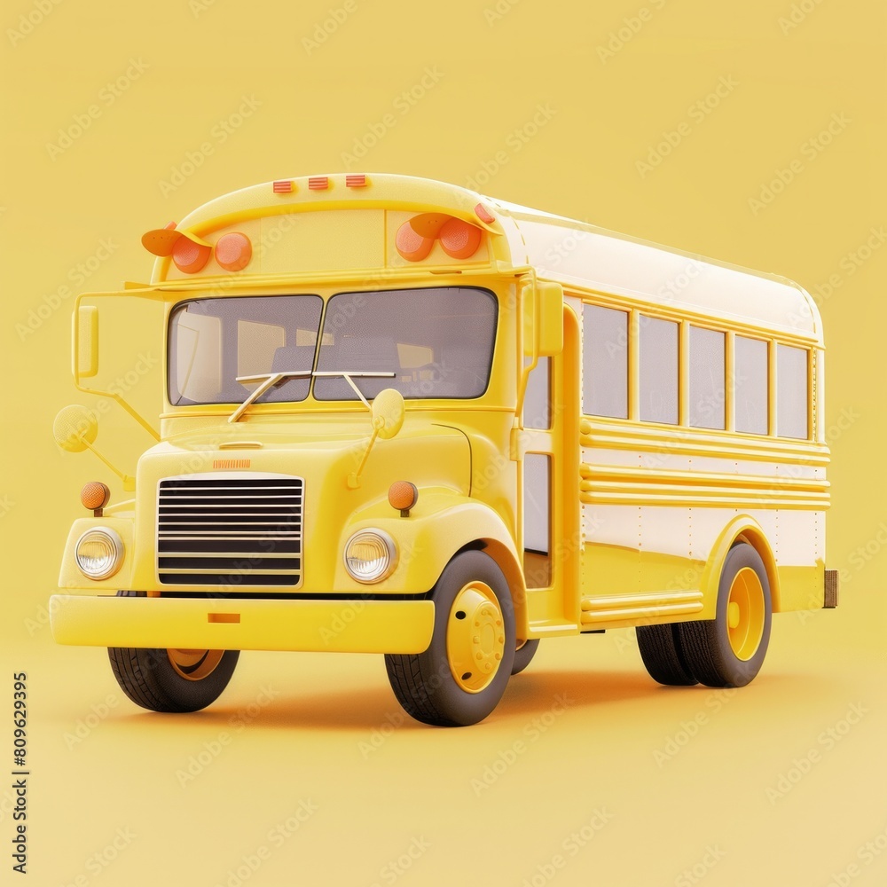 3D Icon of a School Bus on Pastel Yellow Background A bright yellow school bus, designed with safety in mind, AI Generative