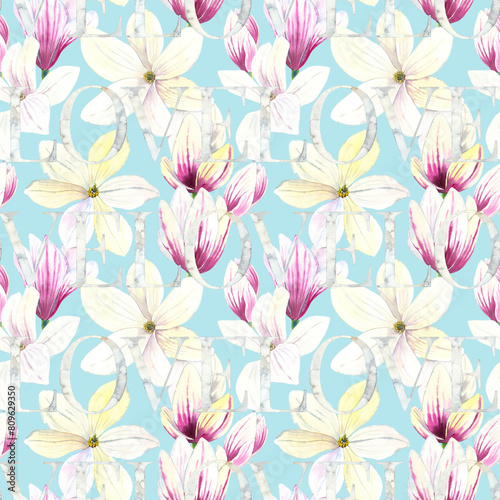 Watercolour Magnolia blooming flowers illustration seamless pattern. Seasonal blossom. On blue background. Hand-painted. Botanical Floral elements. Handwritten message LOVE lettering. Fabric tile