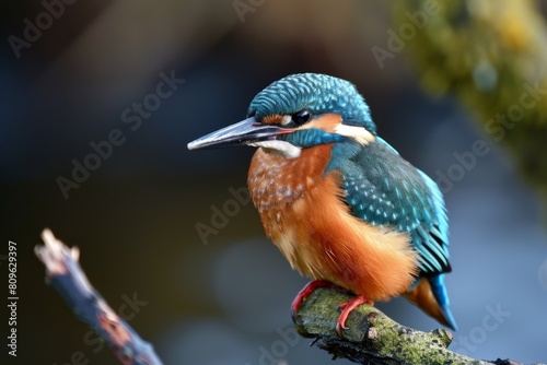 Cute kingfisher sitting on a branch in nature, kingfisher with blue feathers sitting on a thin branch against nature, AI-generated