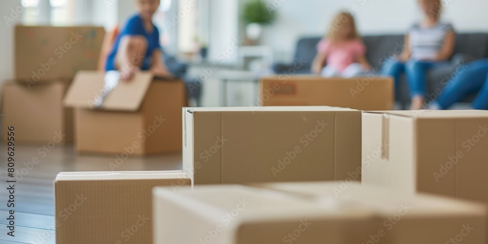 Unpacked cardboard moving boxes in the foreground with a family settling in the blurry background in their new home Unpacked cardboard moving boxes in the foreground with a family settling in the blurry background in their new home