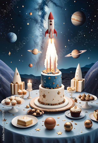 a birthday cake with a space ship is flying in the sky with a rocket on it photo