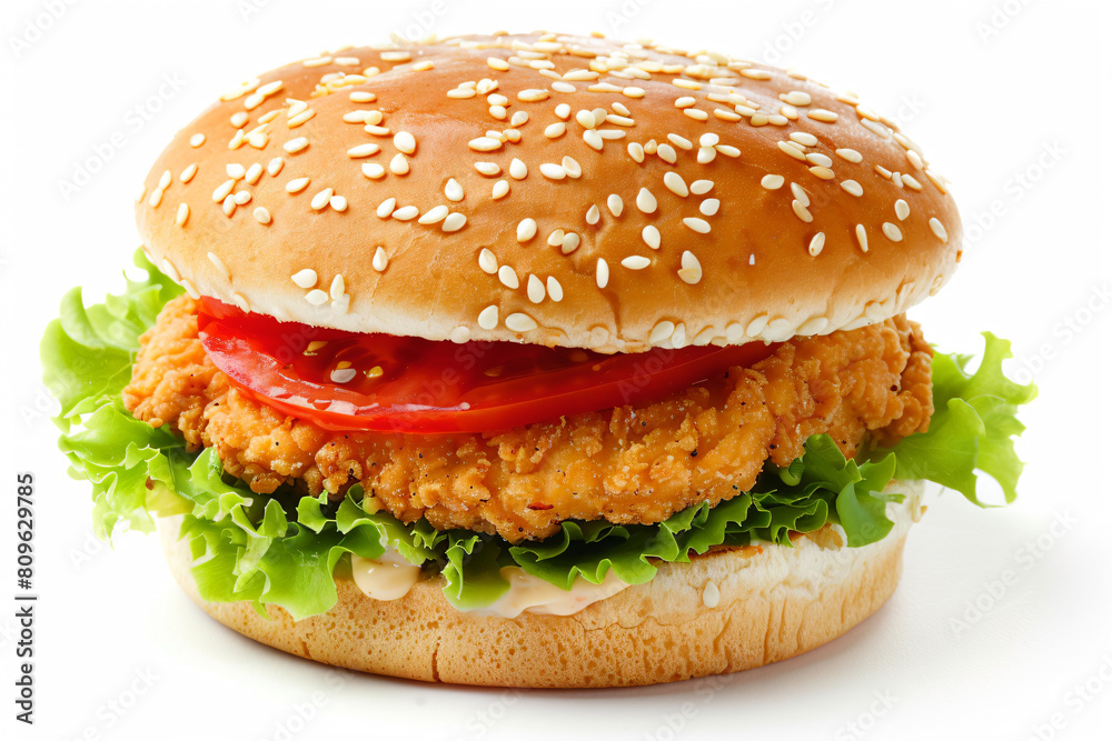a chicken sandwich with lettuce and tomato on a sesame bun a chicken sandwich with lettuce and tomato on a sesame bun