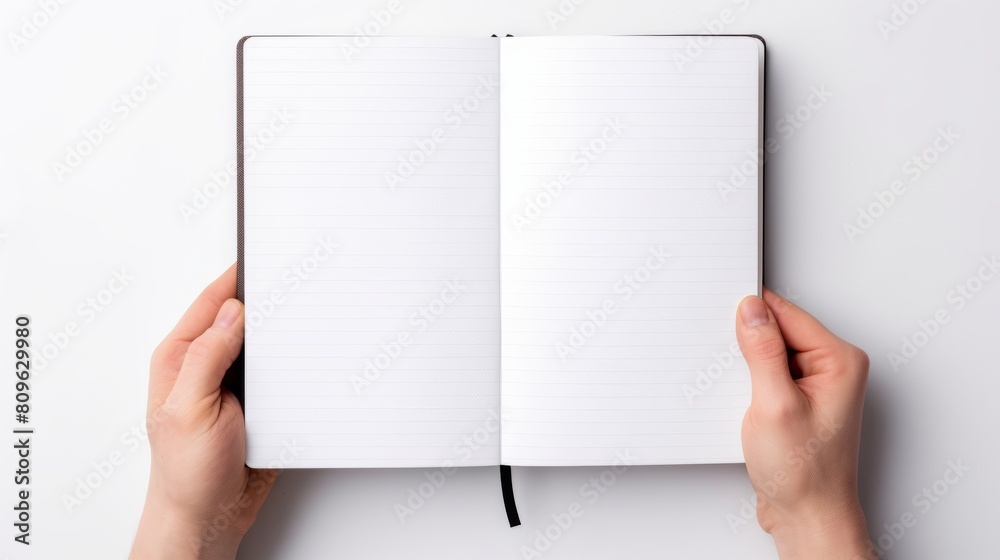 two hands holding an open notebook with blank lined pages, against a white background two hands holding an open notebook with blank lined pages, against a white background