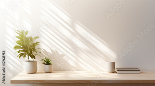 indoor setting with two potted plants and a stack of books on a wooden shelf shadows from window blinds.