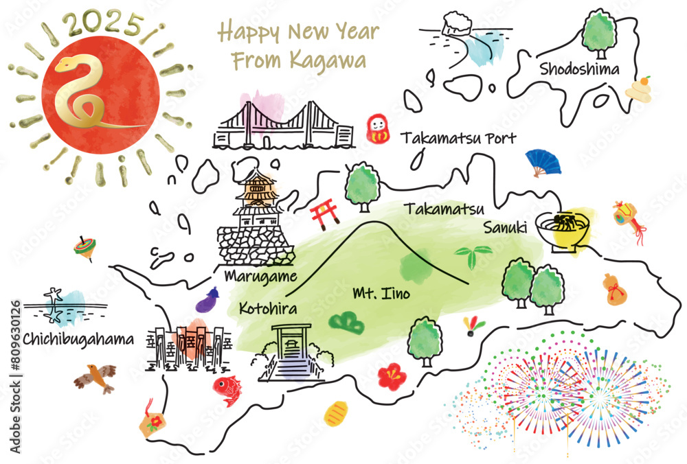 香川県の観光地のイラストマップ年賀状2025年