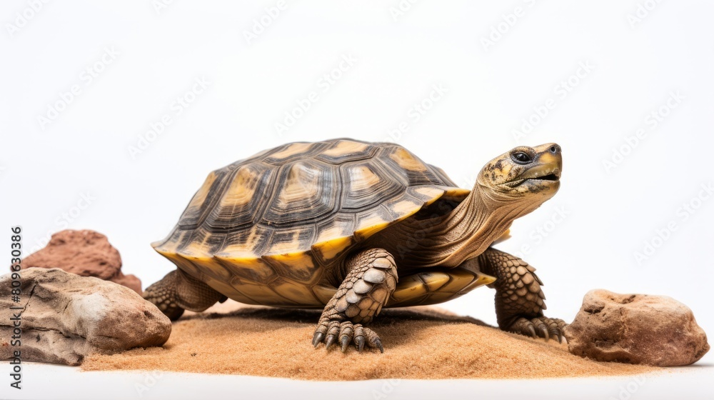 a tortoise with a detailed shell and scales, on a sandy surface surrounded by rocks, against a white background