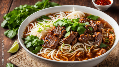 A delicious hot dish of beef pho with tendons, knuckle, tripe and meatballs, bean sprouts and Thai basil.