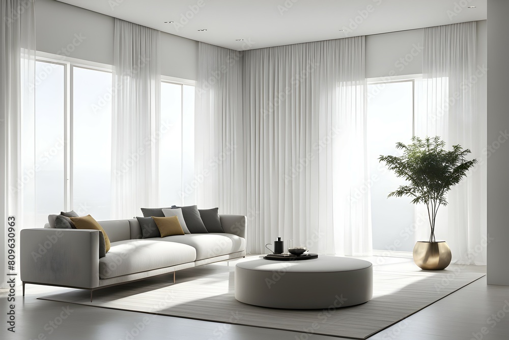 Fototapeta premium Minimalist living room. furniture has a modern and minimalist design, with a sofa