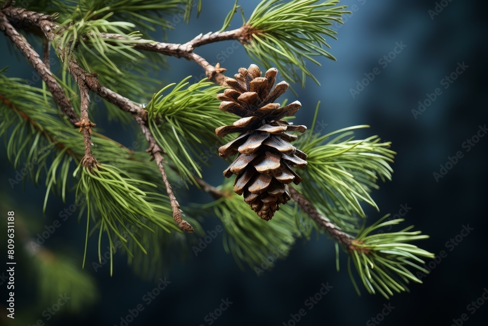 Fototapeta premium Close-up of a pine cone attached to a green pine branch with a blurred blue background