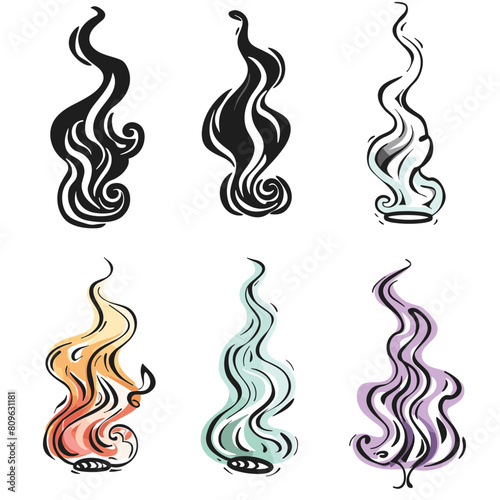 Six stylized smoke swirls various colors, ranging black white orange, teal, purple. Swirling smoke graphic design elements suitable depicting scent, heat, aromas. Swirl designs representing smoke