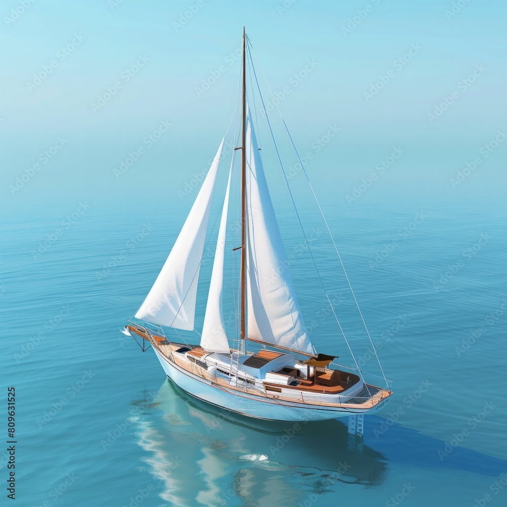 A 3D sailboat with white sails and a wooden deck, AI Generative