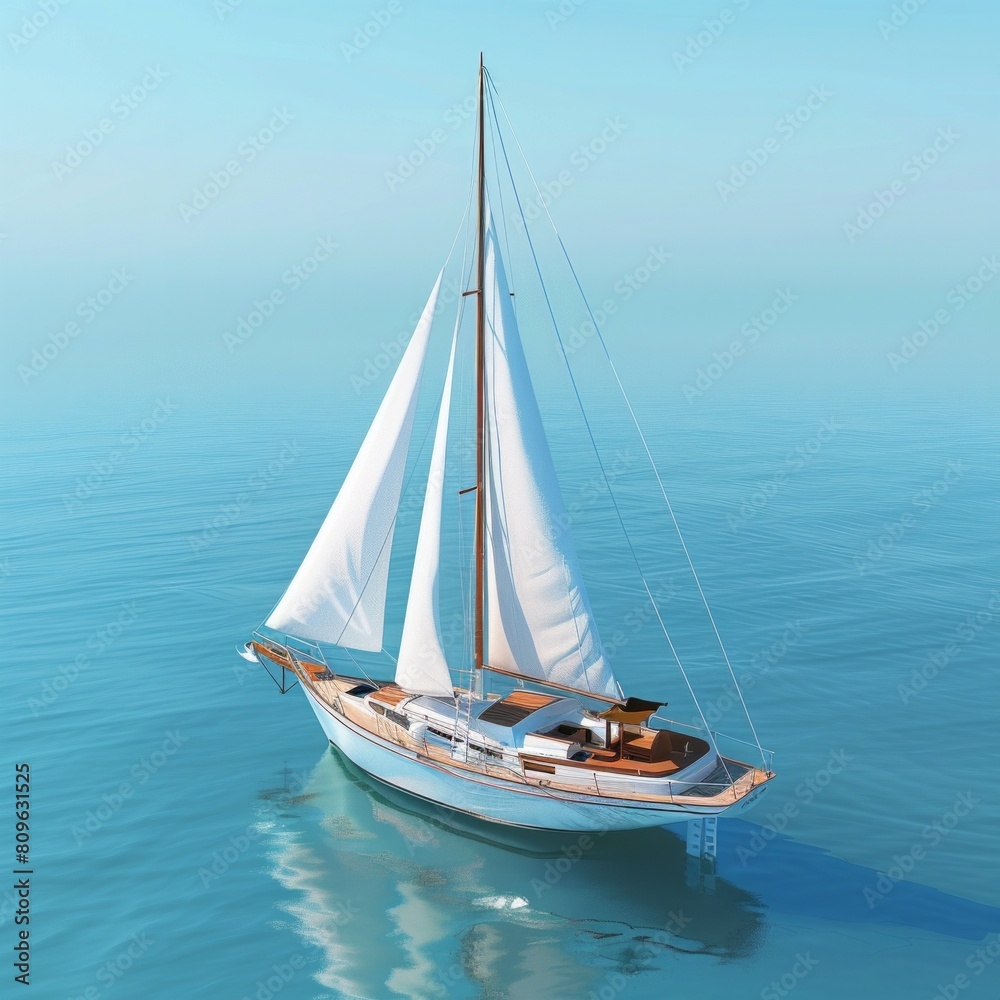 Fototapeta premium A 3D sailboat with white sails and a wooden deck, AI Generative