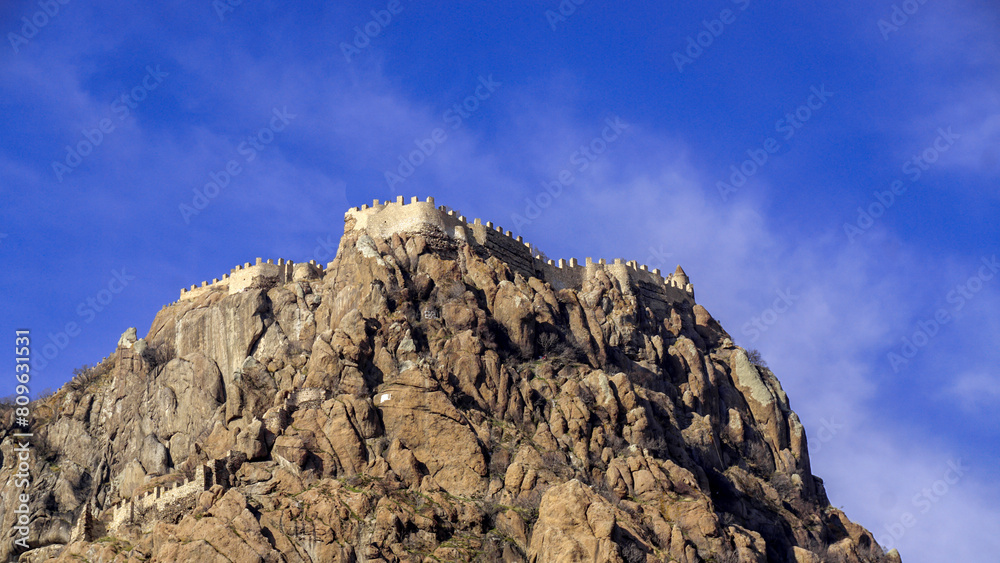 4 February 2024 Afyonkarahisar Turkey. Afyonkarahisar castle and Afyon cityscape from castle on a cloudy winter day