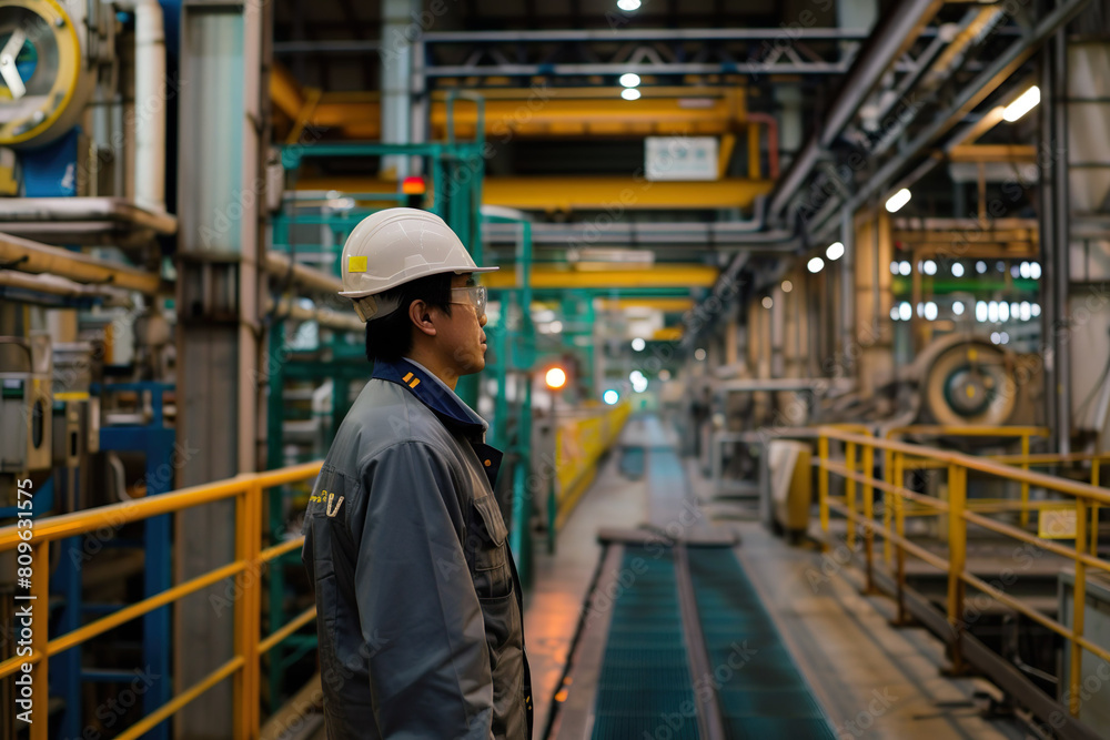 Japanese male engineer wearing work clothes and a safety helmet. For safety while working in industrial plants.