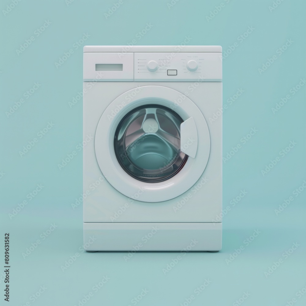A 3D simple, round washing machine in white, set against a pastel blue background., AI Generative
