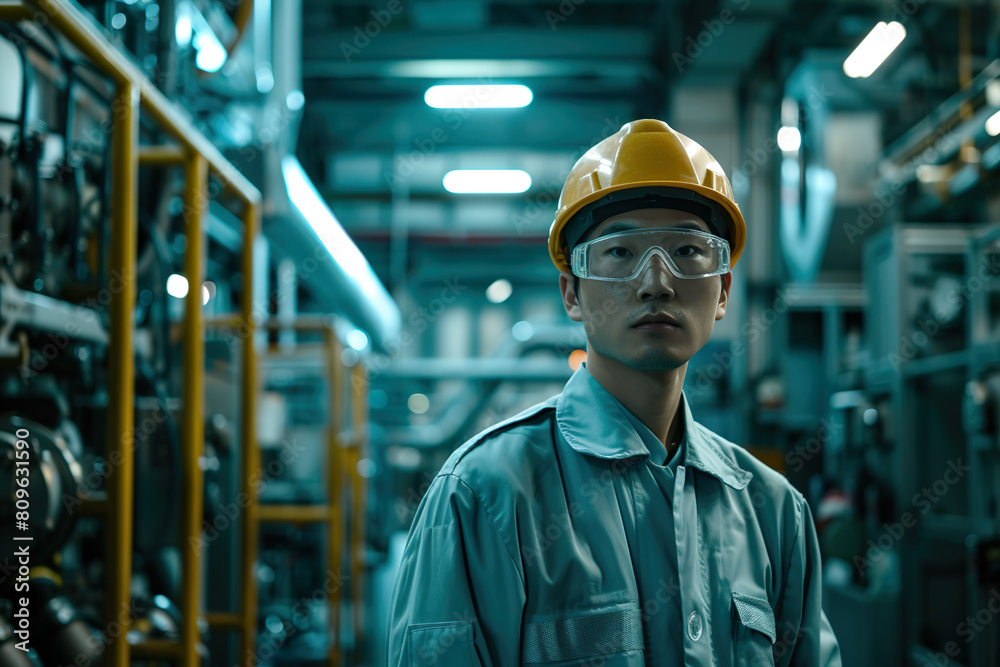 Japanese male engineer wearing work clothes and a safety helmet. For safety while working in industrial plants. Japanese male engineer wearing work clothes and a safety helmet. For safety while working in industrial plants.