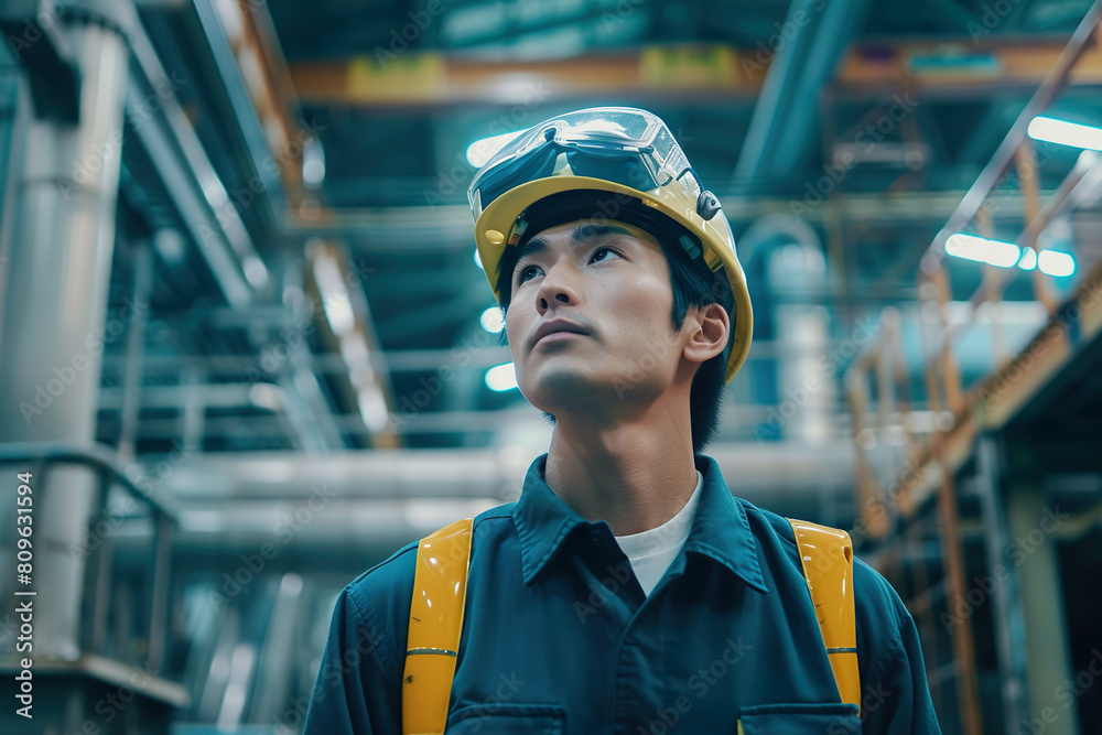 Japanese male engineer wearing work clothes and a safety helmet. For safety while working in industrial plants. Japanese male engineer wearing work clothes and a safety helmet. For safety while working in industrial plants.