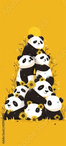 A group of cute pandas. A minimalist and creative style of flat illustration  visual experience on a smartphone wallpaper  AI generated