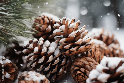 Close-up of pine cones covered in fresh snow under a pine tree branch photo