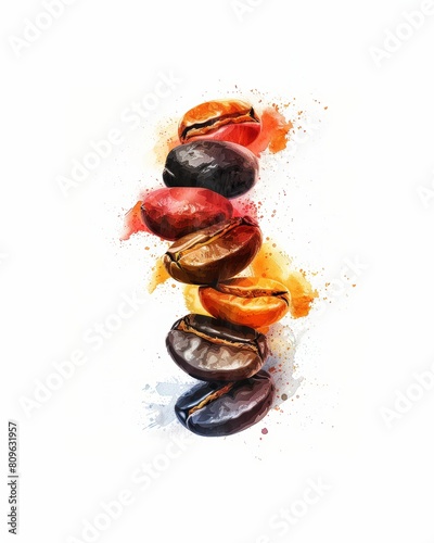 An artistic depiction of coffee beans in a vertical arrangement, painted in a watercolor style with dynamic splashes of red, orange, and blue, illustrating the beans' rich and diverse flavors. 