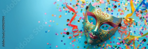 Extravagant Venetian mask surrounded by bright confetti and ribbons on a vibrant aqua background symbolizing mystery and celebration