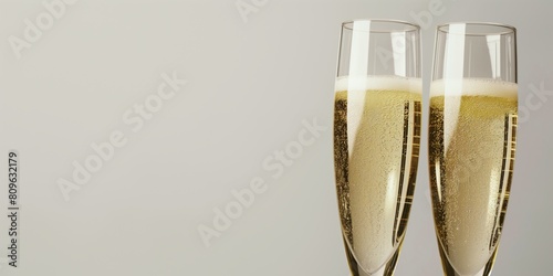 Two champagne glasses with bubbling golden liquid close up, depicting celebration and luxury