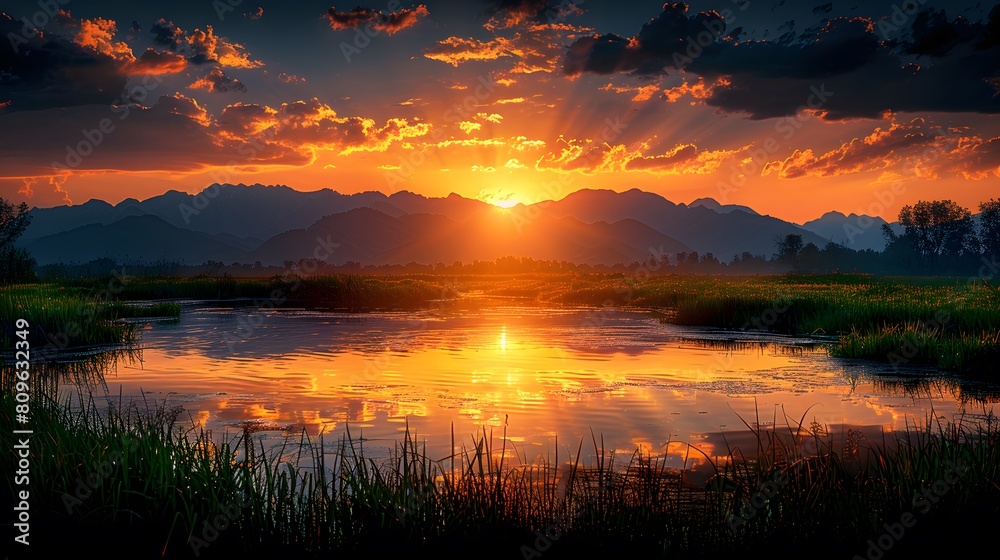 Sunset Glow Over Serene River Landscape Sunset Glow Over Serene River Landscape