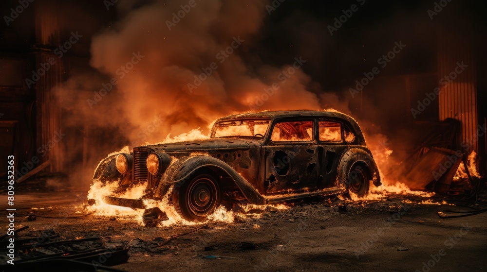 Obraz premium Intense Vehicle Fire Captured At Night, Highlighting The Fury Of Flames. Generative AI