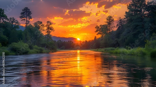 Sunset Glow Over Serene River Landscape photo