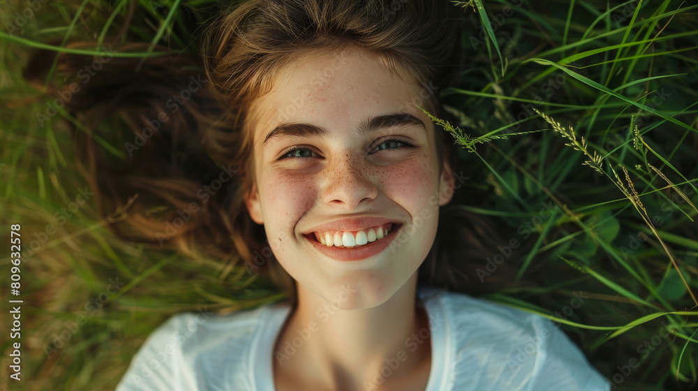 Young beautiful girl lying in the grass with a big smile. Freckles on his face and a big, happy smile. Young beautiful girl lying in the grass with a big smile. Freckles on his face and a big, happy smile.