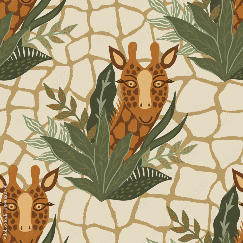 Fototapeta premium Vector pattern with giraffe animal, abstract texture and tropical leaves.