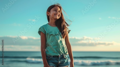  Carefree Indian Girl Enjoying a Vacation on the Beach, Photo.. Fictional Character Created By Generative AI. 