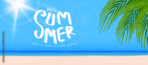 summer sale banner template with beach and sea water, palm leaves and blue sky with clouds.