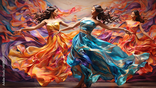 Silk painting: A graceful, dance-inspired scene, capturing the fluid movement and grace of dancers in motion, all painted with the vibrant, flowing colors of silk painting,