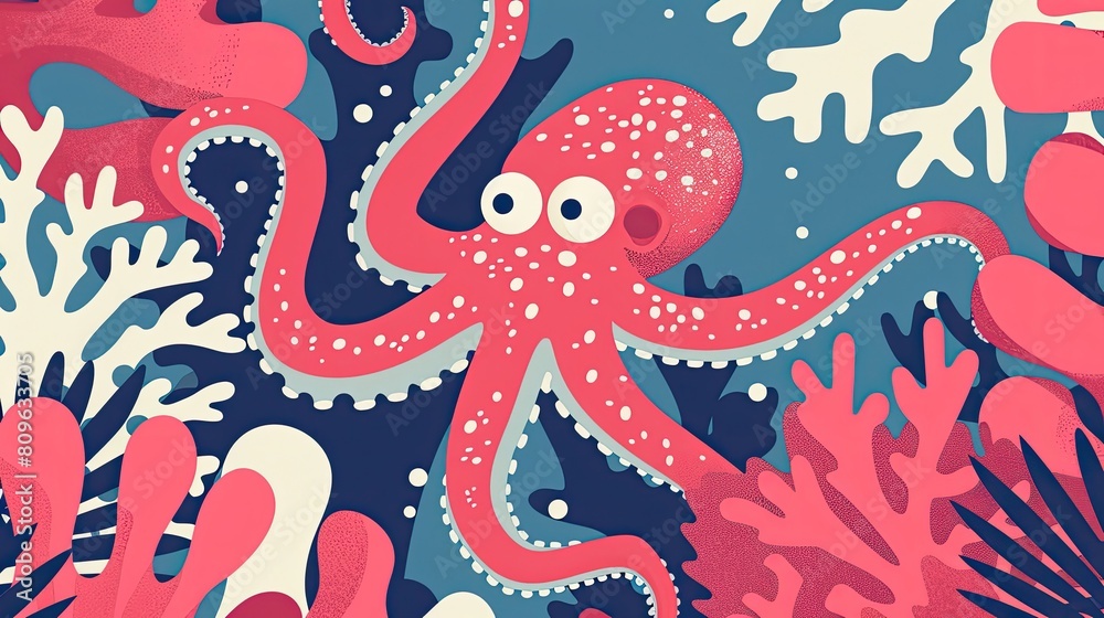 A cartoonish drawing of an octopus with a blue and pink background A cartoonish drawing of an octopus with a blue and pink background