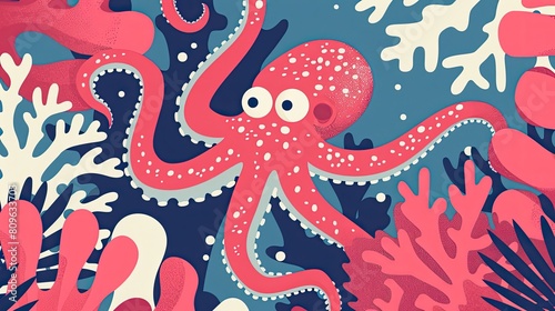 A cartoonish drawing of an octopus with a blue and pink background