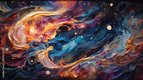 Silk painting: An atmospheric, celestial nightscape, featuring a starry sky, swirling galaxies, and a sense of wonder, all created using the luminous, flowing colors of silk painting, 