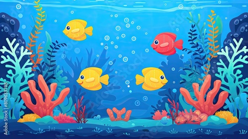 Fototapeta Naklejka Na Ścianę i Meble -  A group of fish swimming in a blue ocean with a coral reef in the background