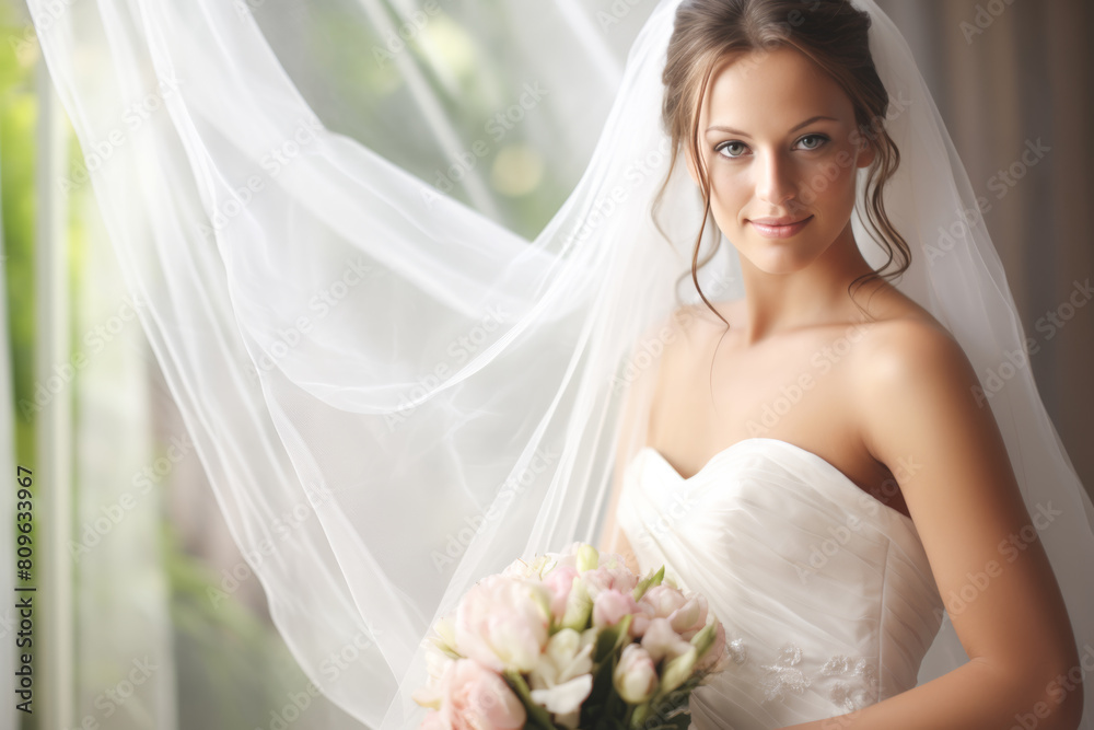 Naklejka premium A bride is standing in front of a window with a veil on her head