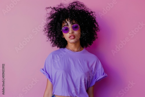 Fashionable woman with bold curly hair and sunglasses. Fictional Character Created By Generative AI. 