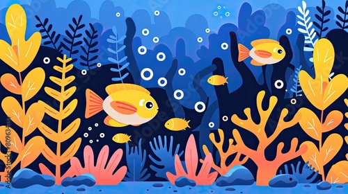 A colorful underwater scene with two fish swimming in the foreground